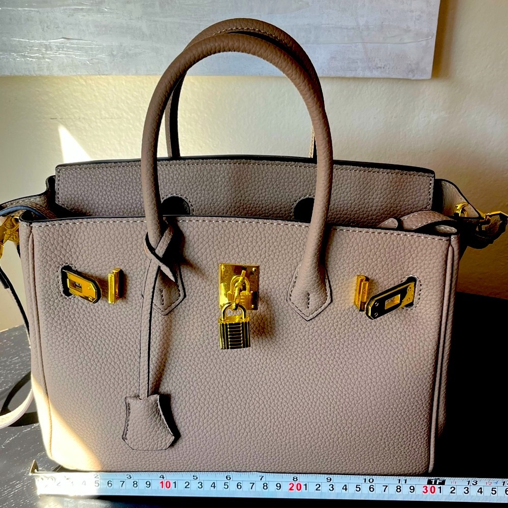 Taupe beige satchel top handle crossbody bag